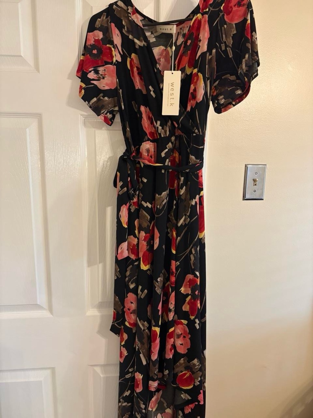 Target Black Floral Midi Wrap Dress with Pink & Red Blooms